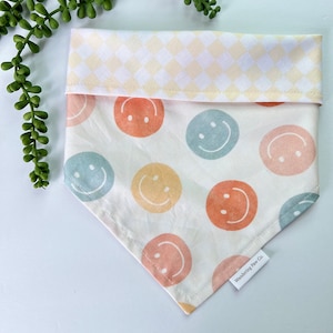 Happy Faces - Dog Bandana, Tie On Dog Bandana, Over The Collar Dog Bandana, Reversible Dog bandana, Checkered Dog Bandana