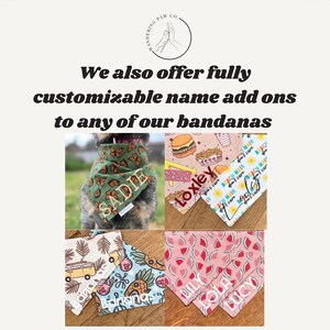 May include: Four dog bandanas with different patterns and personalized names. The bandanas are green with butterflies, white with a burger, white with a beach scene, and pink with watermelons. The names on the bandanas are Sadie, Loxley,  Olly, and Lucy.