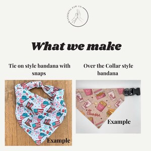 May include: Two examples of dog bandanas. The first is a tie-on style bandana with a red, white, and blue patriotic print. The second is an over-the-collar style bandana with a Chick-fil-A themed print. Both bandanas are on a wooden surface.