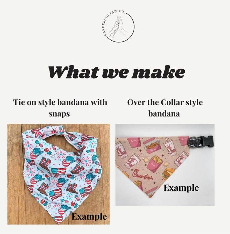 May include: Two examples of dog bandanas. The first is a tie-on style bandana with a red, white, and blue patriotic print. The second is an over-the-collar style bandana with a Chick-fil-A themed print. Both bandanas are on a wooden surface.