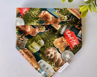 Happy Camper Bandana, Dog Bandana, Tie on bandana, Over the Collar bandana, Snap on Bandana, Camping Bandana