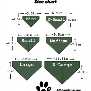 May include: Size chart for dog bandanas in five sizes: Mini, Small, Medium, Large, and X-Large. The chart shows the approximate width and length of each bandana in inches.