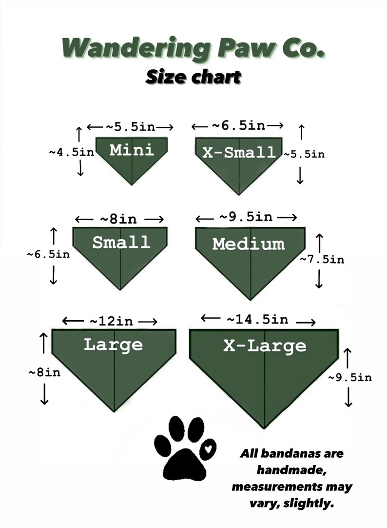 May include: Size chart for dog bandanas in five sizes: Mini, Small, Medium, Large, and X-Large. The chart shows the approximate width and length of each bandana in inches.