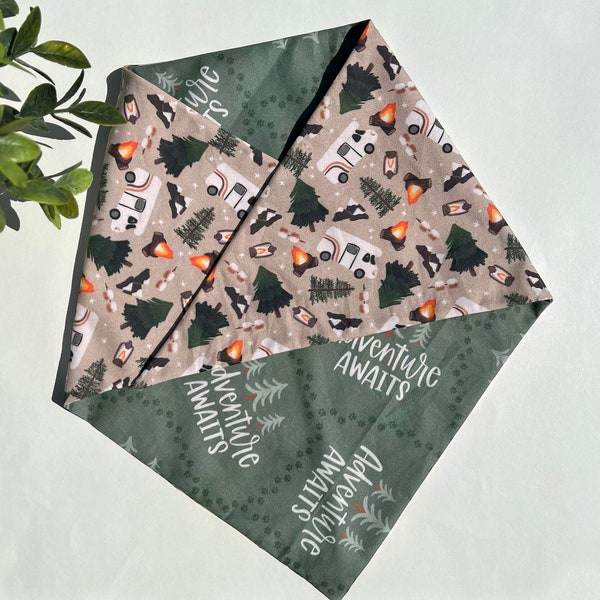 Adventure Awaits Dog Bandana, reversible dog bandana, tie on dog bandana, over the collar dog bandana, camping dog bandana