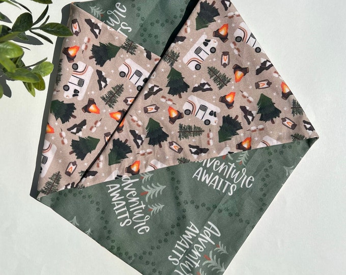 Adventure Awaits Dog Bandana, reversible dog bandana, tie on dog bandana, over the collar dog bandana, camping dog bandana