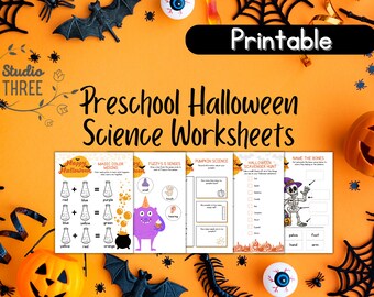 Hojas de trabajo de ciencias de Halloween para preescolares ~ Imprimibles ~ Descarga instantánea ~ Diversión de Halloween ~ Esqueleto, mezcla de colores, búsqueda del tesoro, cinco sentidos