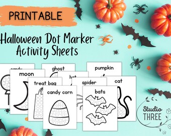 Hojas de actividades de marcador de puntos de Halloween - Preescolar - Habilidades motoras finas - Pre-K- Do-A-Dot - Calabaza, murciélagos, dulces - Sello de puntos