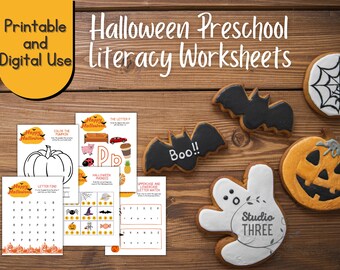 Hojas de trabajo de alfabetización preescolar de Halloween ~ Imprimibles ~ Digital ~ Imprimir en casa o usar tableta ~ Diversión de Halloween ~ Letras, fonética, escritura