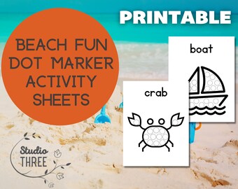 Hojas de actividades de marcadores de puntos divertidos en la playa - Do-A-Dot - Preescolar - Habilidades motoras finas - Pre-K - Preparación escolar - Sello de puntos - Marcadores de bingo