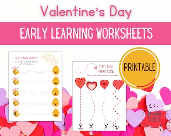 Hojas de trabajo de aprendizaje temprano para el día de San Valentín: trazar, cortar, unir, preescolar, niños pequeños