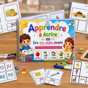 Peut inclure: Un livre éducatif à spirales intitulé Apprendre à écrire et lire des mots simple, illustré avec des enfants et des objets. Le kit comprend des marqueurs effaçables, des cartes avec des mots comme pomme, chat, maison, balle, et une petite ardoise avec des lettres.