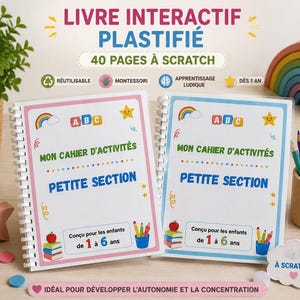 Peut inclure: Deux cahiers d'activités interactifs plastifiés à reliure spirale intitulés Mon Cahier d'Activités Petite Section, conçus pour les enfants de 1 à 6 ans. Les couvertures présentent des graphismes colorés dont un arc-en-ciel, des blocs ABC, une étoile et des livres.