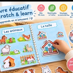 Peut inclure: Un livre éducatif scratch & learn avec des illustrations colorées d'animaux et de maisons. Les pages comportent les textes 'Livre éducatif scratch & learn', 'Les animaux' et 'La taille', accompagnées d'autocollants réutilisables.