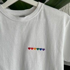 Minimal. embroidered T-shirt, rainbow hearts, pride shirt, minimalist, unisex (white/black)