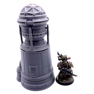 May include: A gray 3D printed model of a futuristic building with a domed roof. The building is about 10 inches tall and is next to a miniature figure of a space marine.