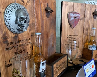 Large handcrafted wall-mounted corkscrew with glass holder (In the photo customized Harley Davidson)