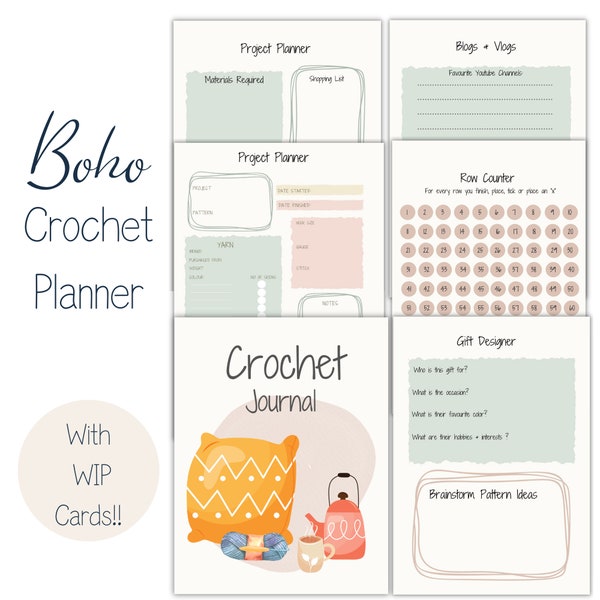 CROCHET Planner Printable Crochet Planner Boho Crochet Journal Crochet Project Planner Download Crochet Project Pages WIP Cards PDF