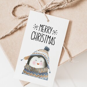 Etiqueta navideña imprimible Etiqueta navideña de pingüino imprimible Tarjeta navideña en acuarela Imprimir en casa Etiqueta adhesiva de pingüino Etiqueta de regalo de Navidad PNG