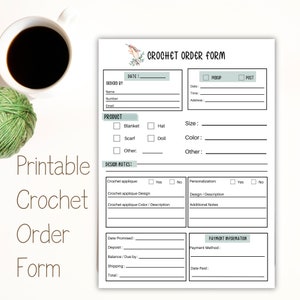 Peut inclure: Formulaire de commande de crochet imprimable avec des sections pour les détails du produit, les notes de conception, les informations de paiement et les informations client. Le formulaire comprend des options pour une couverture, un chapeau, une écharpe et une poupée.