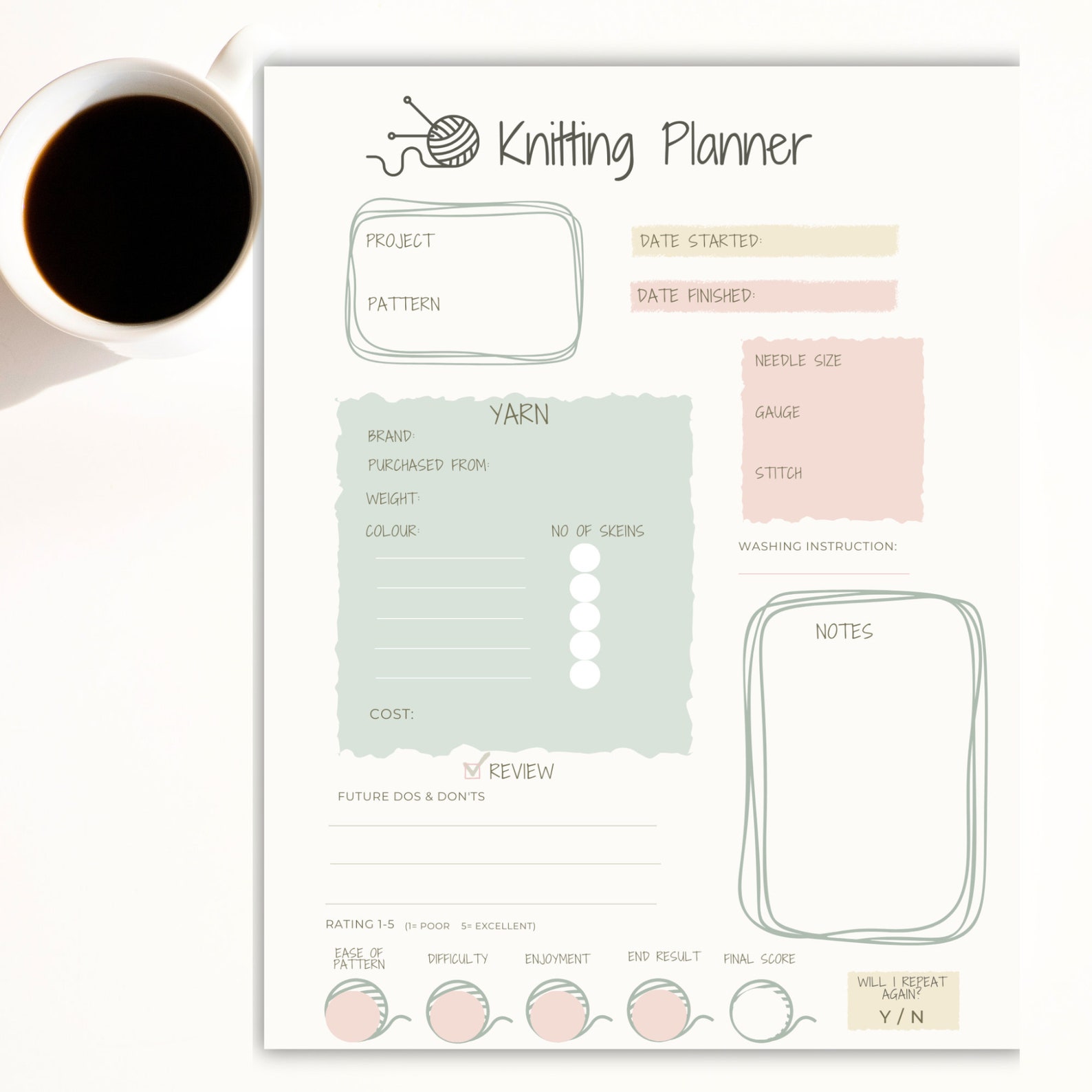 PRINTABLE Knitting Planner Page for Knitting Project Planner Boho ...