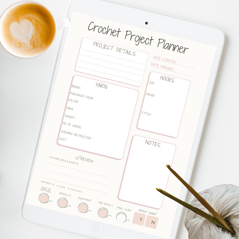 May include: A printable crochet project planner with sections for project details, yarn, hooks, notes, and a review. The planner includes fields for brand, purchased from, color, fiber, weight, number of skeins, washing instructions, cost, size, gauge, stitch, date started, date finished, rating, difficulty, enjoyment, end result, final score, and repeat again.