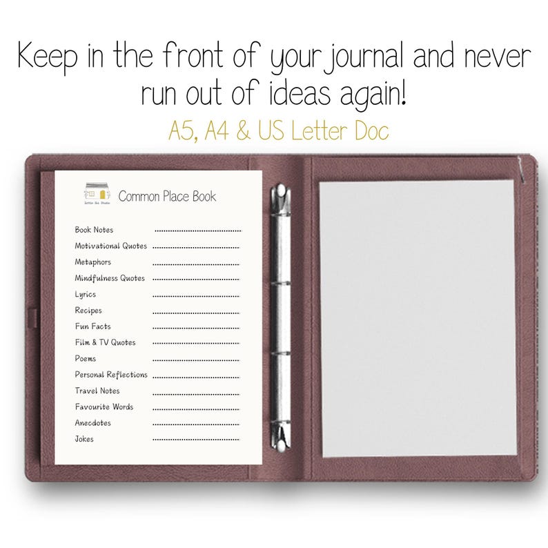 Commonplace Book Index Printable Commonplace Book Trigger List ...
