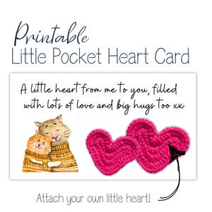 Carte au crochet Pocket Hug Modèle imprimable Pocket Hug - Carte de présentation poème d'amour chats - Mini étiquette coeur au crochet - Coeur de poche