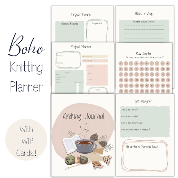 Knitting Planner Printable Knitting Planner Boho Knitting Journal Knitting Project Planner Download Knitting Project Pages WIP Cards PDF
