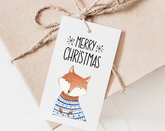 Printable Christmas Tag Printable Watercolor Christmas Label Cute Fox Holiday Tag Downloadable Christmass Gift Tag PNG