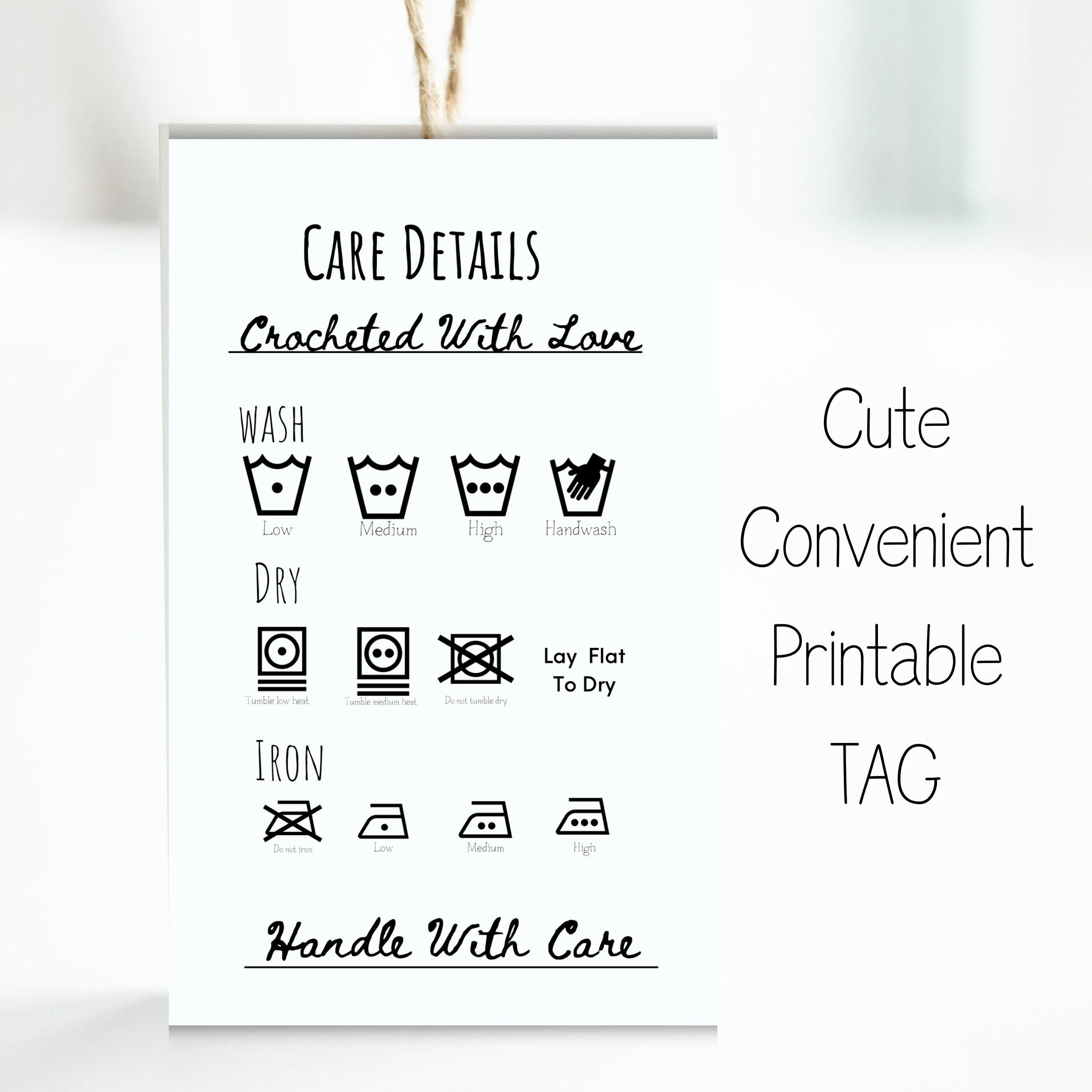 Printable CROCHET CARE Card Label Washing Instructions Product Care Tag