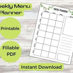 Printable Meal Planner, Weekly Menu Planner, Grocery List, Instant Download, Fillable PDF