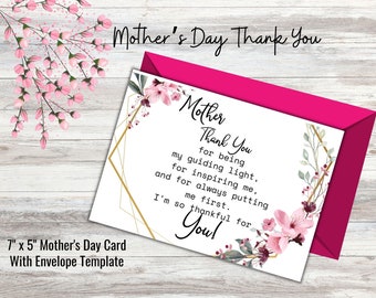 Mothers Day Card Printable, Happy Mothers Day Greeting Card, Thank You to Mom,  Instant Download, 7" x 5". With envelope template.