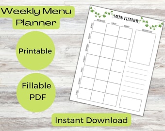 Planificador de comidas imprimible, Planificador de menú semanal, Lista de compras, Descarga instantánea, PDF rellenable