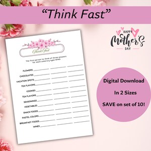 Mothers Day Game | Think Fast | Fun Printable Game for Mom| Mothers Day Party Games | Mothers Day Ideas |Mothers Day Brunch