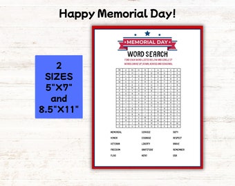 Memorial Day Games - Wordsearch Game - 2 Sizes 5"X7" and 8.5"X11". High Quality PDF Files. Digital Download - Instant Download.