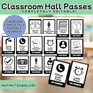 Classroom Hall Pass | Bathroom Pass | Restroom Pass |Canva Template | Instant Digital Download