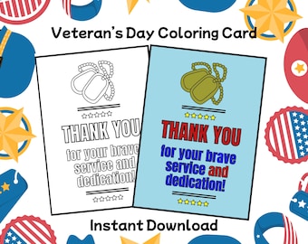 Página para colorear del Día de los Veteranos, Tarjeta de agradecimiento del Día de los Veteranos, Tarjeta de agradecimiento por su servicio para veteranos, Manualidad del Día de los Veteranos, Dibujos para colorear para niños