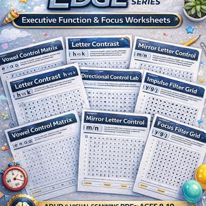 May include: A collection of worksheets titled "Executive Edge Series" for ages 8-10, designed for ADHD and visual scanning. The worksheets include "Vowel Control Matrix," "Letter Contrast," and "Mirror Letter Control." A stopwatch, balloons, and a brain-shaped badge are also visible.
