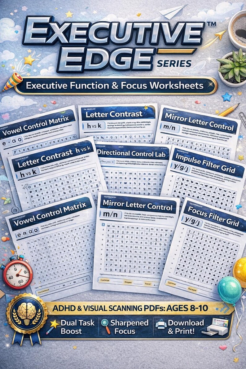 May include: A collection of worksheets titled "Executive Edge Series" for ages 8-10, designed for ADHD and visual scanning. The worksheets include "Vowel Control Matrix," "Letter Contrast," and "Mirror Letter Control." A stopwatch, balloons, and a brain-shaped badge are also visible.