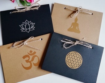 Elegant cards with power symbols - yoga, Om, tree of life, yin-yang, lotus flower, Buddha, etc. Birthday cards, greeting cards, as gift vouchers...