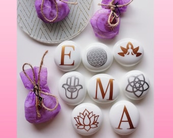 Beautiful stones / personal power symbols: yoga, reiki, yin yang, om, 4 elements, chakra, lotus, venus flower, tree of life..