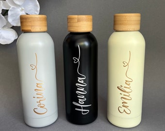 Elegante Isolierflasche, Thermosflasche, Trinkflasche mit Namen personalisiert, Bambus Design/ Tolles Geschenk für Frau / Mann / Geburtstag