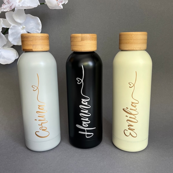 Elegante Isolierflasche, Thermosflasche, Trinkflasche mit Namen personalisiert, Bambus Design/ Tolles Geschenk für Frau / Mann / Geburtstag