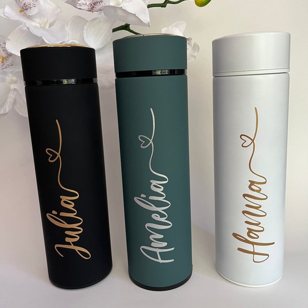 Wunderschöne Isolierflasche mit Tee-Sieb, Thermosflasche, Trinkflasche mit Namen personalisiert tolles Geschenk für Frau / Mann / Geburtstag