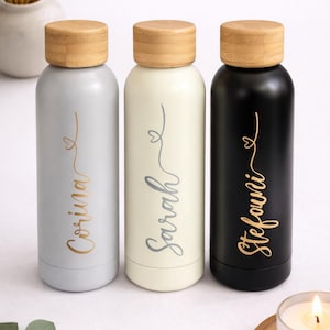 Elegant insulated bottle, thermos flask, personalized water bottle with name, bamboo design / Great gift for woman / man / birthday image 1