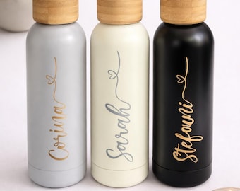 Elegant insulated bottle, thermos flask, personalized water bottle with name, bamboo design / Great gift for woman / man / birthday