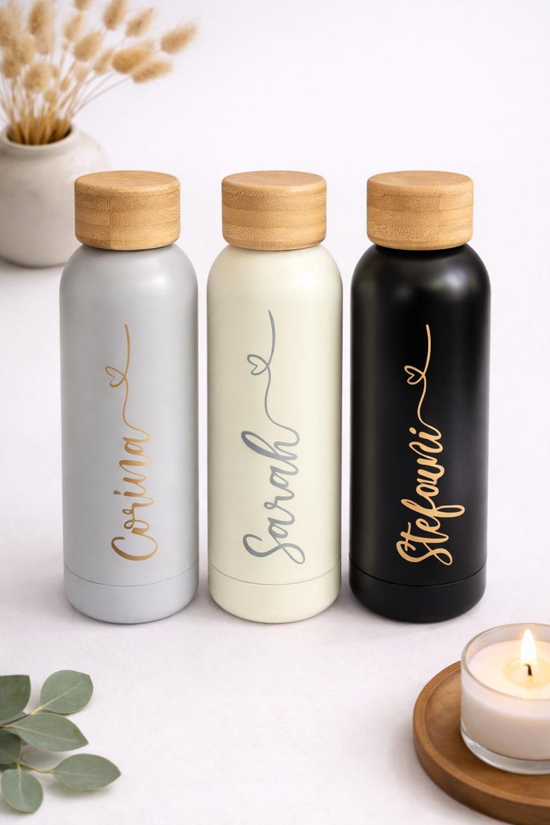 Elegant insulated bottle, thermos flask, personalized water bottle with name, bamboo design / Great gift for woman / man / birthday image 1