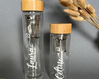 Beautiful double-walled glass bottle with tea infuser, personalized drinking bottle with name, great gift for woman/man/birthday