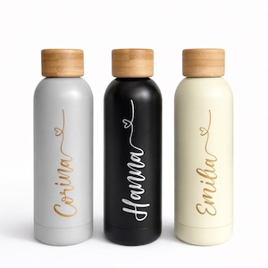 Elegant insulated bottle, thermos flask, personalized water bottle with name, bamboo design / Great gift for woman / man / birthday image 2