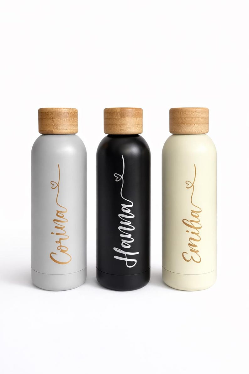Elegant insulated bottle, thermos flask, personalized water bottle with name, bamboo design / Great gift for woman / man / birthday image 2